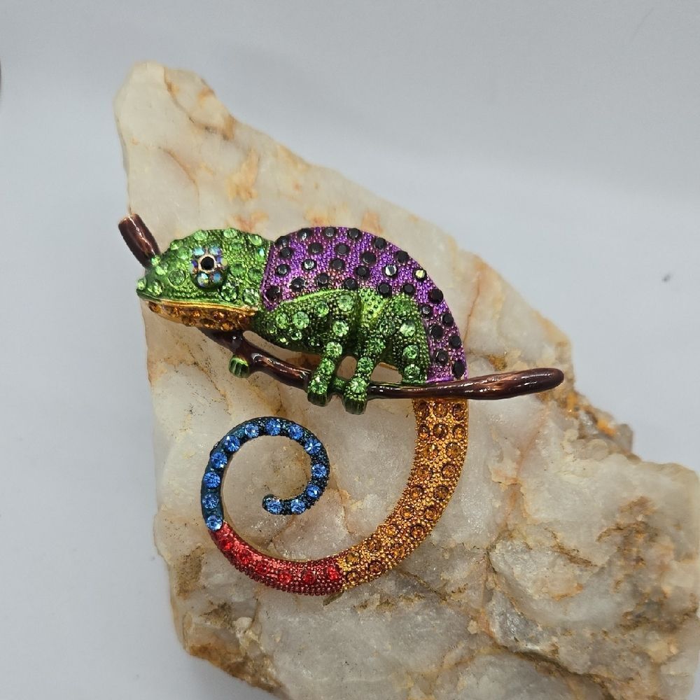 Colorful Chameleon Rhinestone Brooch Large Crystal Reptile Lizard Pin Statement